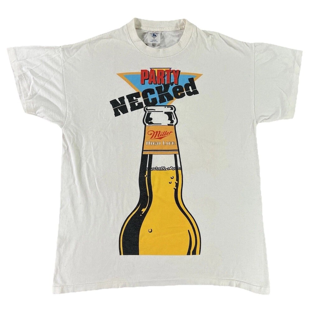 Miller High Life Vintage White T-Shirt Party Neck’ed Single Stitch Size Large